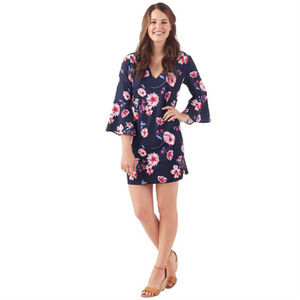 Mila Bell Sleeve Dress in Navy Floral Print, Large